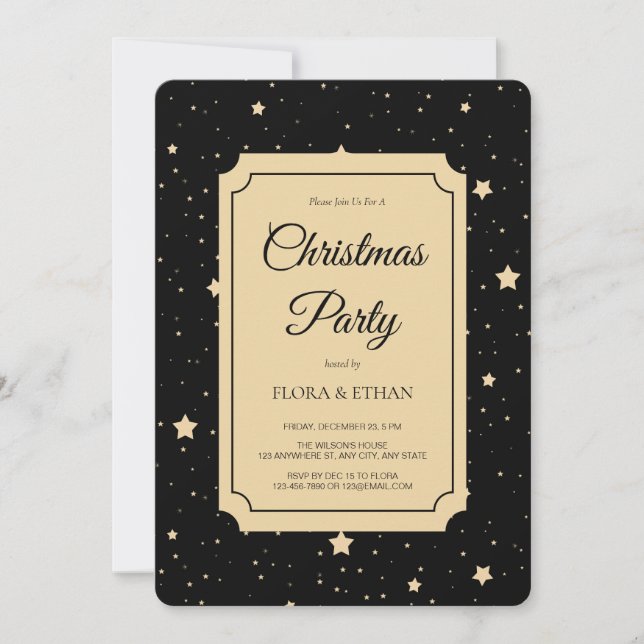 Elegant Black and Gold Starry Night Christmas  Invitation (Front)