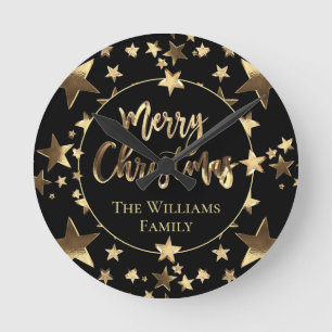 Elegant Black and Gold Stars Merry Christmas Round Clock