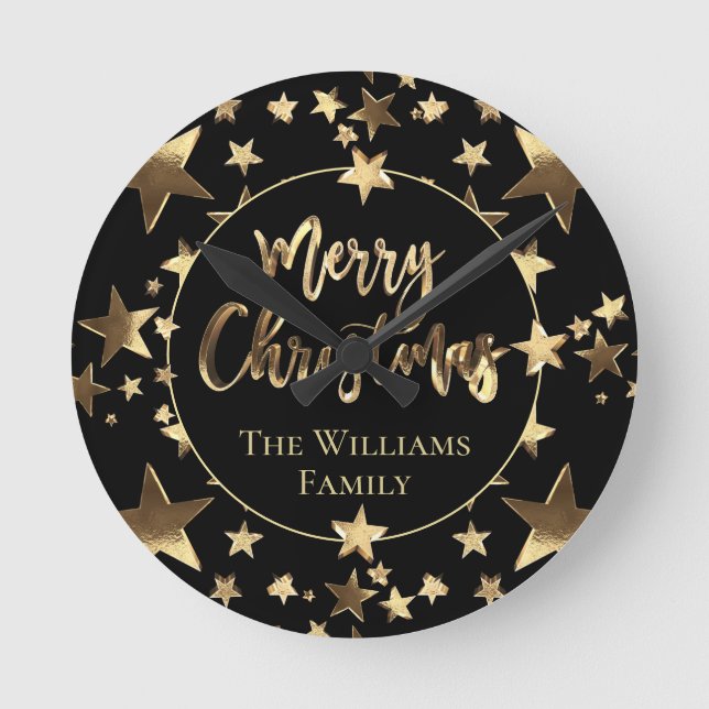 Elegant Black and Gold Stars Merry Christmas Round Clock (Front)