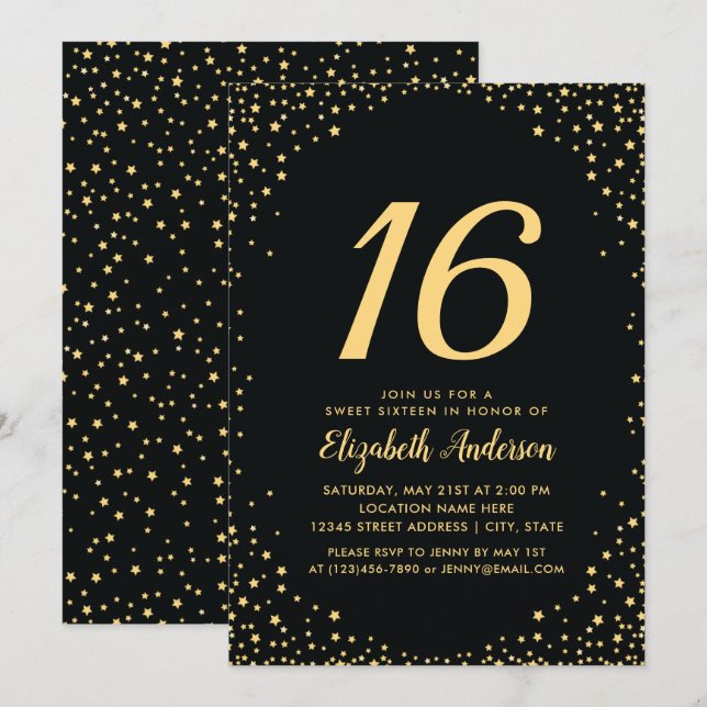 Elegant Black and Gold Stars Sweet 16 Birthday Invitation (Front/Back)