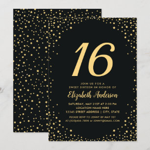 Elegant Black and Gold Stars Sweet 16 Birthday Invitation