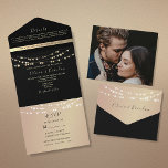 Elegant Black and Gold String Lights Wedding All In One Invitation<br><div class="desc">Create a romantic and timeless first impression with this elegant black and gold all-in-one wedding invitation. Designed with softly glowing string lights, chic script fonts, and a built-in RSVP postcard, this invitation brings warm evening vibes and classic sophistication. Ideal for winter or formal celebrations. Please note: This invitation requires a...</div>