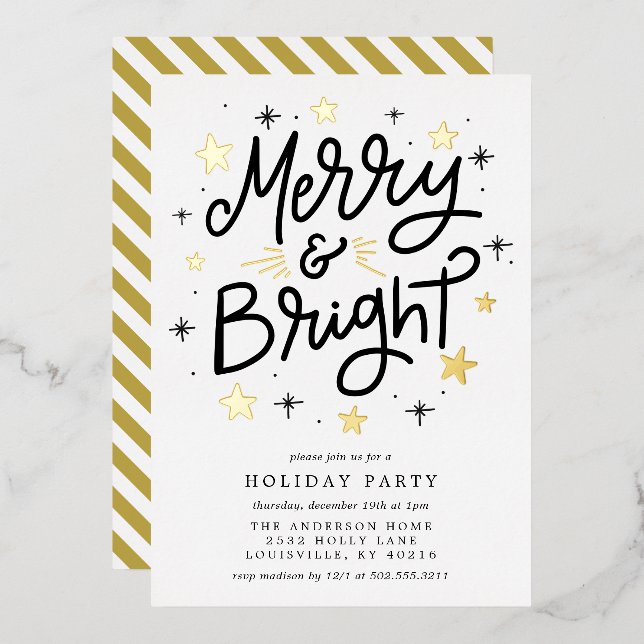 Elegant Black and Gold Striped Merry and Bright (Front/Back)