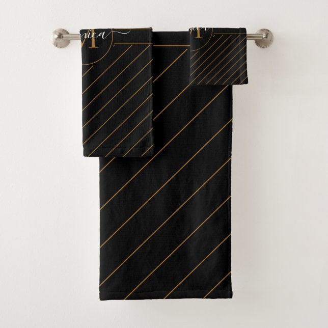 Elegant Black and Gold Striped Monogram Name Bath Towel Set (Insitu)