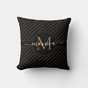 Elegant Black and Gold Striped Monogram Name Cushion