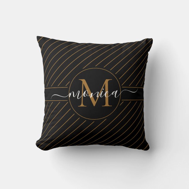 Elegant Black and Gold Striped Monogram Name Cushion (Front)