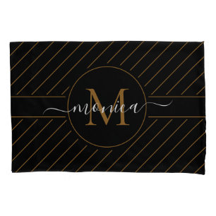 Elegant Black and Gold Striped Monogram Name Pillowcase