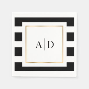 Elegant Black and Gold Striped Monogrammed Wedding Napkin