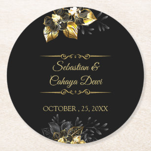 Elegant black and gold summer wedding round paper coaster
