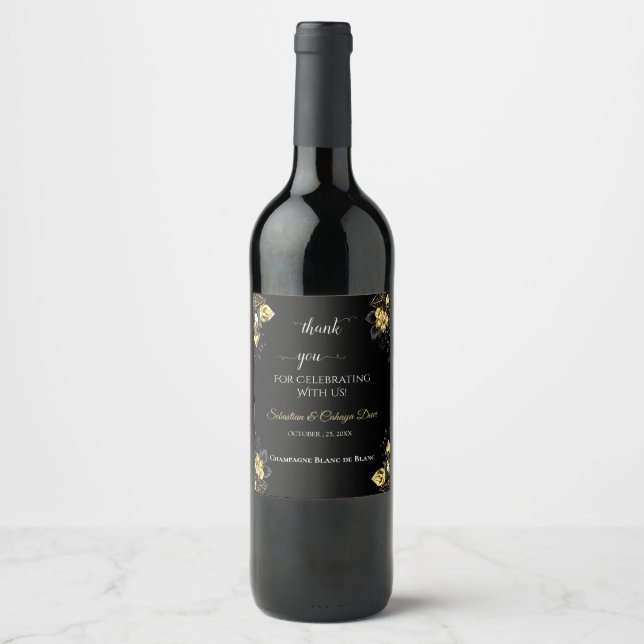 Elegant black and gold summer wedding wine label (Front)
