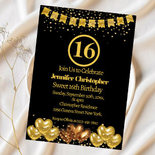 Elegant Black and gold Sweet 16 Birthday Party  Invitation