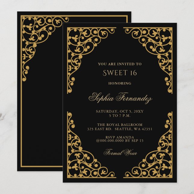 Elegant black and Gold Sweet 16  Invitation (Front/Back)