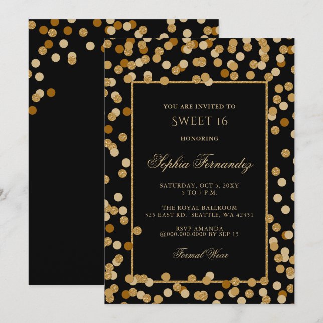 Elegant black and Gold Sweet 16 Invitation (Front/Back)