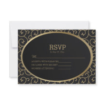 Elegant Black and Gold Swirls Wedding RSVP Card