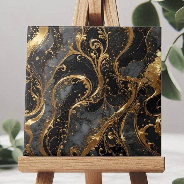 Elegant Black and Gold Swirls with Marble Accents Ceramic Tile (Creator Uploaded)