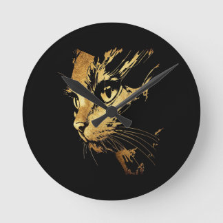 Elegant Black and Gold Textured Cat Graphic Round Clock