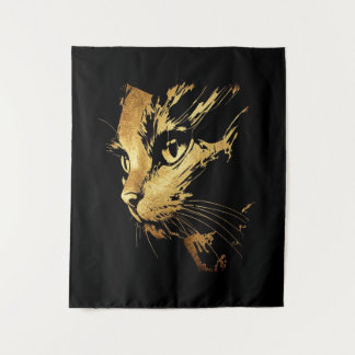 Elegant Black and Gold Textured Cat Graphic Tapestry
