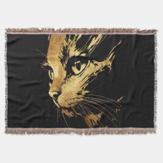 Elegant Black and Gold Textured Cat Graphic Throw Blanket