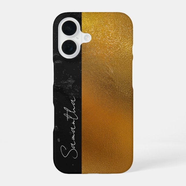Elegant Black and Gold Textured Personalised Name iPhone 16 Case (Back)
