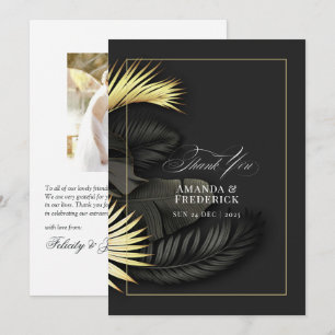 Elegant Black and Gold Tropical Leaves Wedding Thank You Card