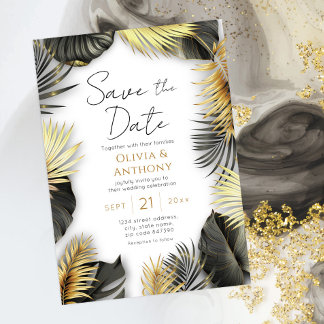 Elegant Black and Gold tropical Wedding Invitation