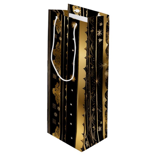 Elegant Black And Gold Vertical Striped  Wine Gift Bag (Front Angled)