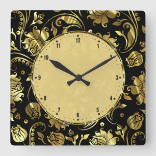 Elegant Black And Gold Vintage Floral Damasks Square Wall Clock