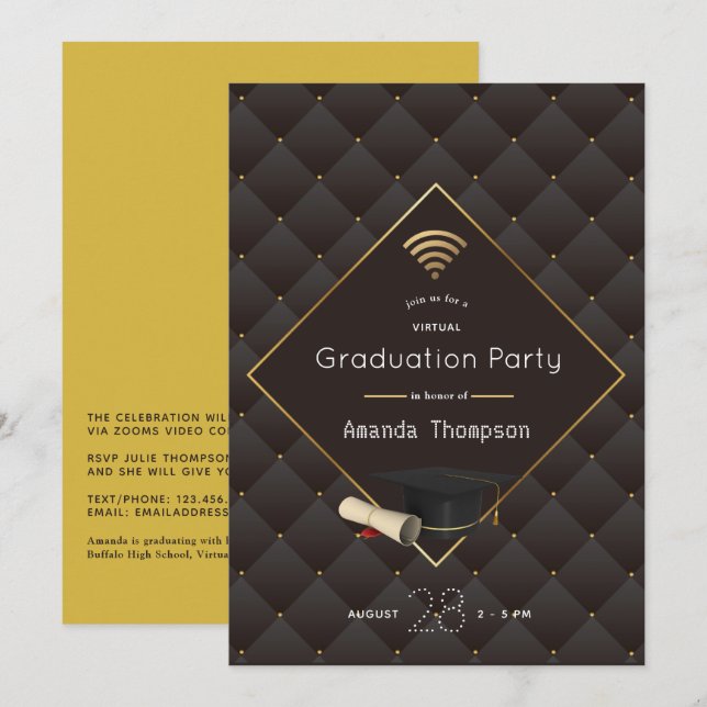 Elegant Black and Gold Virtual Graduation Party Invitation (Front/Back)