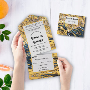 Elegant Black And Gold Waves Abstract Art Wedding All In One Invitation