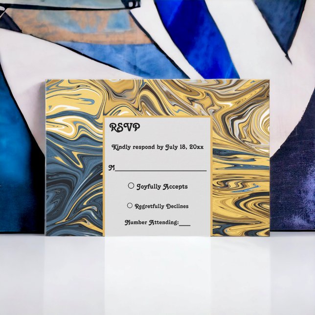 Elegant Black And Gold Waves Abstract Art Wedding RSVP Card (Creator Uploaded)
