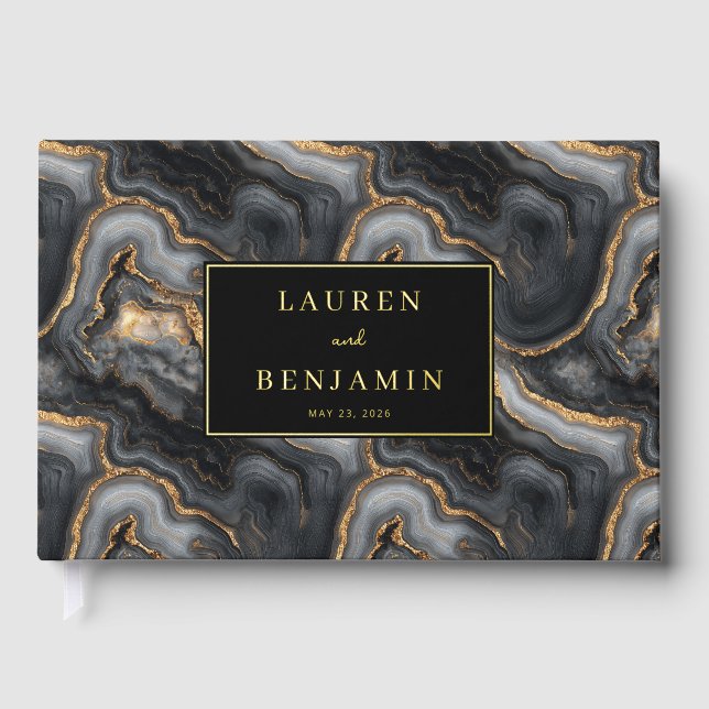 Elegant Black and Gold Waves Guest Book (Front)