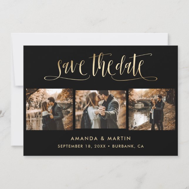 Elegant Black and Gold Wedding 3 Photo Save The Date (Front)