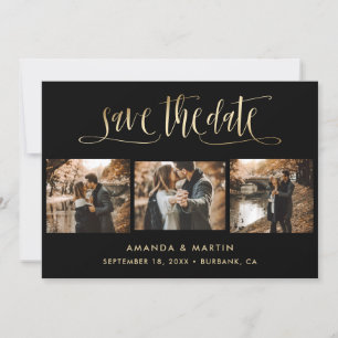 Elegant Black and Gold Wedding 3 Photo Save The Date