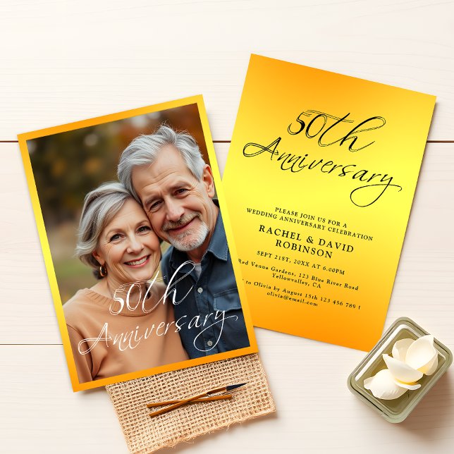 Elegant Black and Gold Wedding Anniversary Photo Invitation (Creator Uploaded)