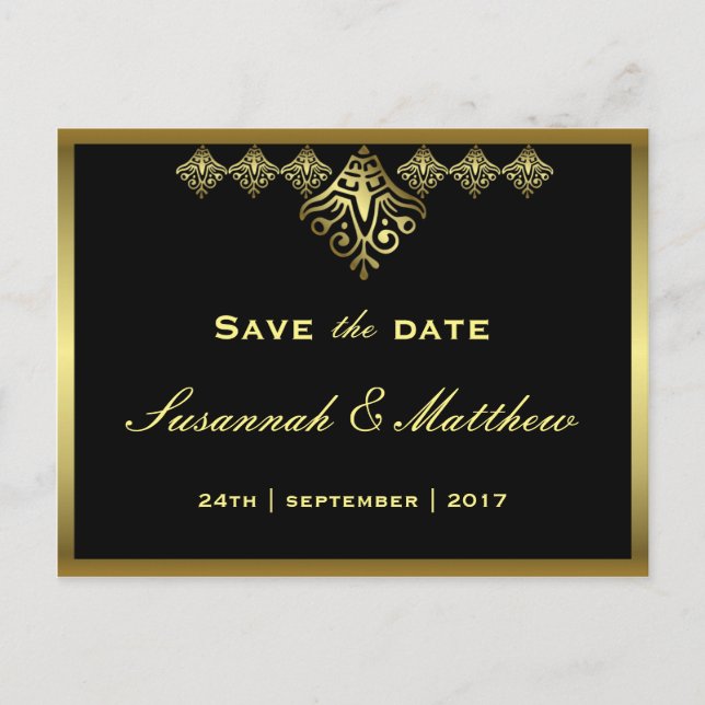 Elegant Black and Gold Wedding Announcement Postcard (Front)