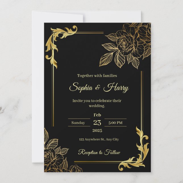 Elegant Black and Gold Wedding  Invitation (Front)