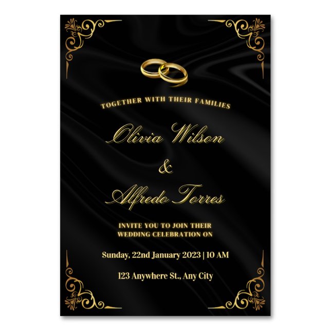 Elegant Black and Gold Wedding Invitation Table Number (Front)