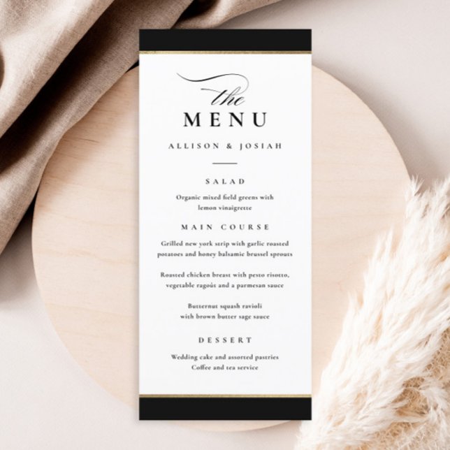 Elegant Black and Gold Wedding Menu (Elegant black and white with gold frame wedding menu.)