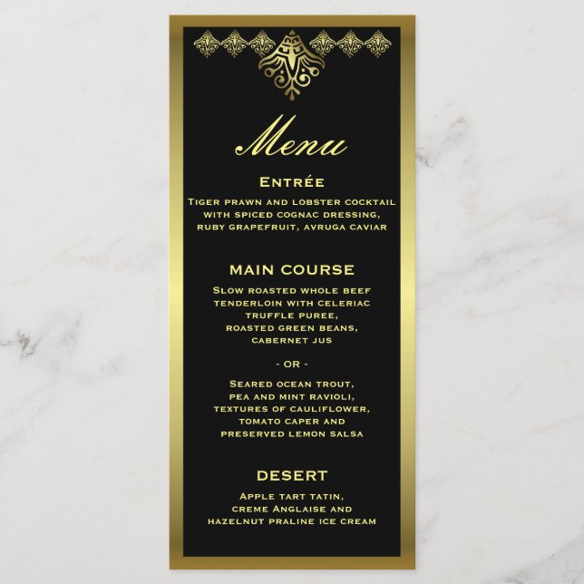 Elegant Black and Gold Wedding Reception Menu (Front)