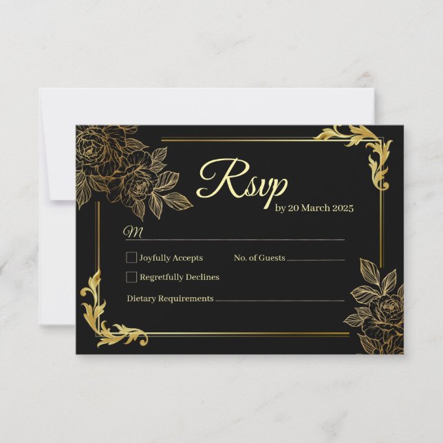 Elegant Black and Gold Wedding  RSVP Card (Front)