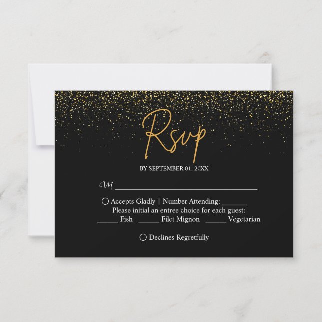 Elegant Black and Gold Wedding RSVP Card (Front)