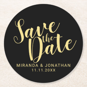 Elegant Black and Gold Wedding Save the Date Round Paper Coaster
