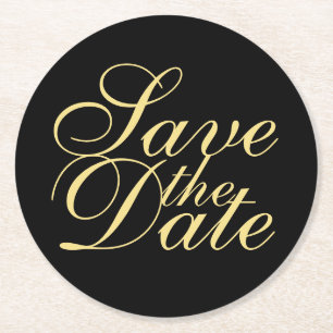 Elegant Black and Gold Wedding Save the Date Round Paper Coaster