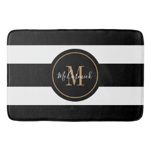 Elegant Black And Gold White Stripes Monogram Bath Mat
