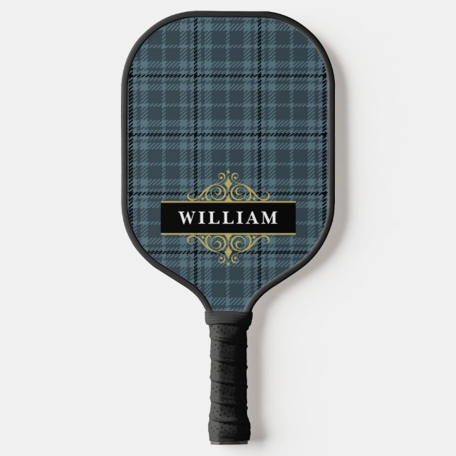 Elegant Black and Gold Windowpane Check Monogram Pickleball Paddle (Front)