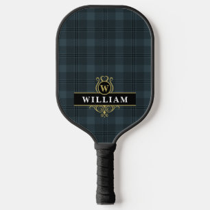 Elegant Black and Gold Windowpane Plaid Monogram Pickleball Paddle