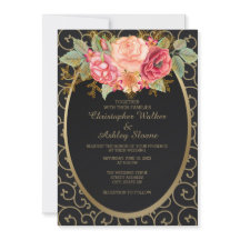 Elegant Black and Gold with Roses Wedding Invite