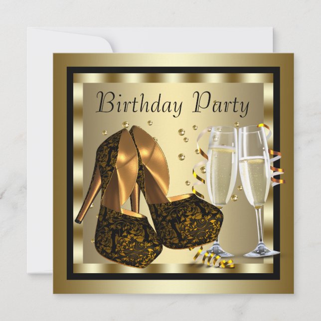 Elegant Black and Gold Womans Birthday Party Invitation (Front)