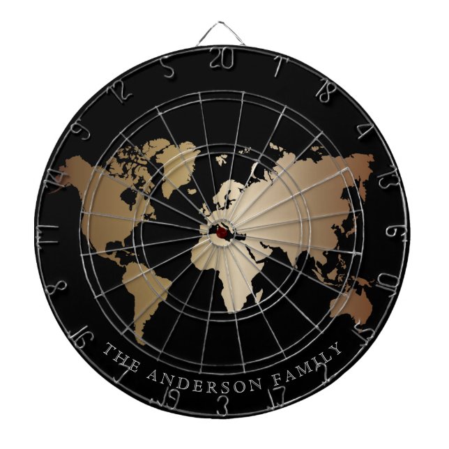 Elegant Black and Gold World Map  Monogram Name Dartboard (Front)