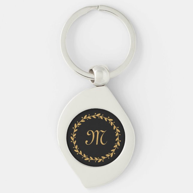 Elegant Black and Gold Wreath and Monogram Initial Key Ring (Front)